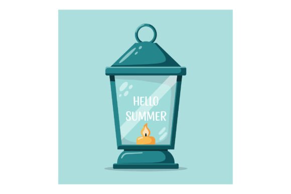 Decorative Teal Lantern with Candle and Graphics