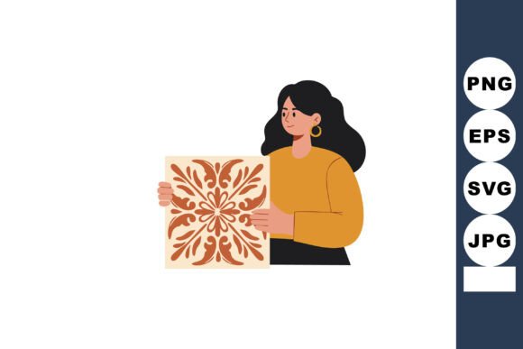 Woman Holding Decorative Tile with Brown Graphics